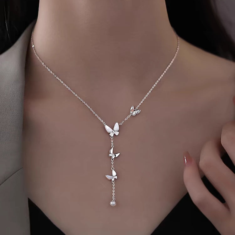 1pc 999 Sterling Silver Mother Of Pearl Butterfly Tassel Pearl Necklace, Luxurious Sweet Style, Perfect For Daily Wear & Valentine's Gifts