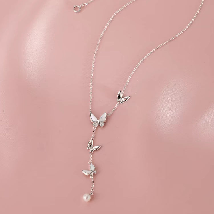 1pc 999 Sterling Silver Mother Of Pearl Butterfly Tassel Pearl Necklace, Luxurious Sweet Style, Perfect For Daily Wear & Valentine's Gifts