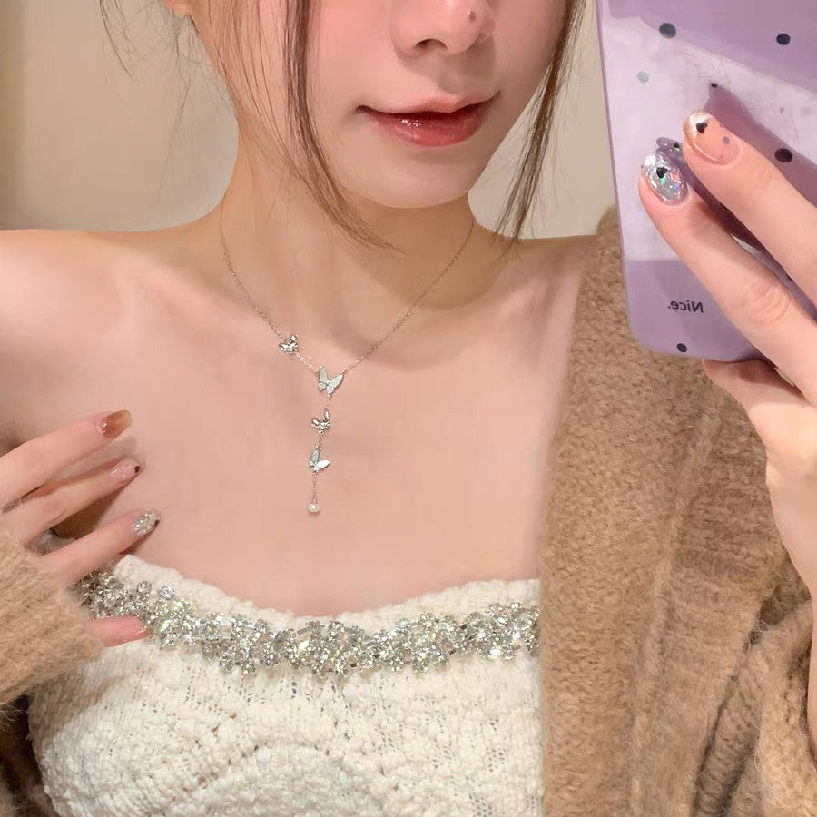 1pc 999 Sterling Silver Mother Of Pearl Butterfly Tassel Pearl Necklace, Luxurious Sweet Style, Perfect For Daily Wear & Valentine's Gifts