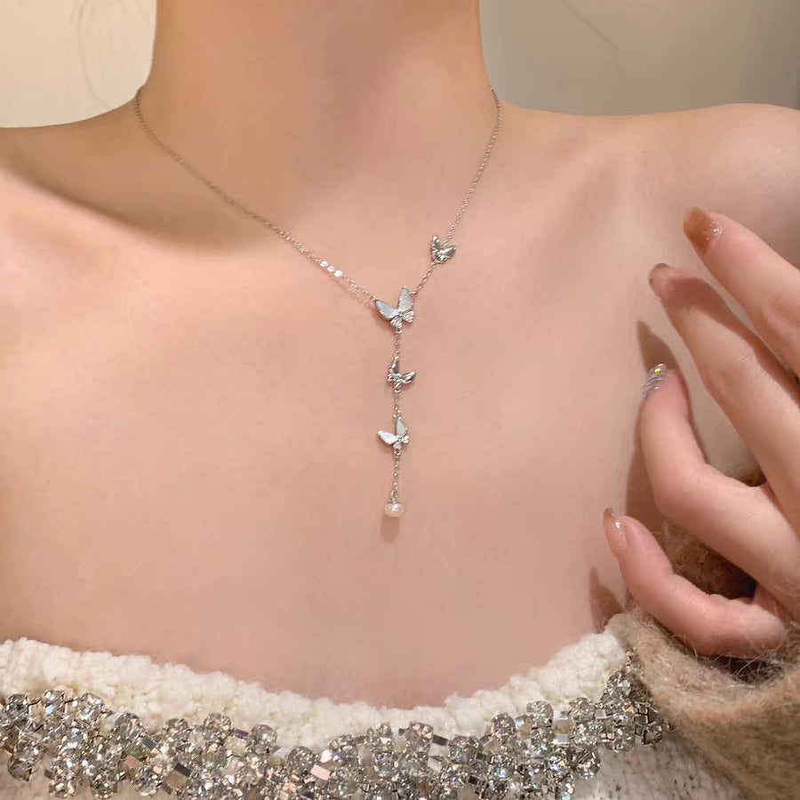 1pc 999 Sterling Silver Mother Of Pearl Butterfly Tassel Pearl Necklace, Luxurious Sweet Style, Perfect For Daily Wear & Valentine's Gifts