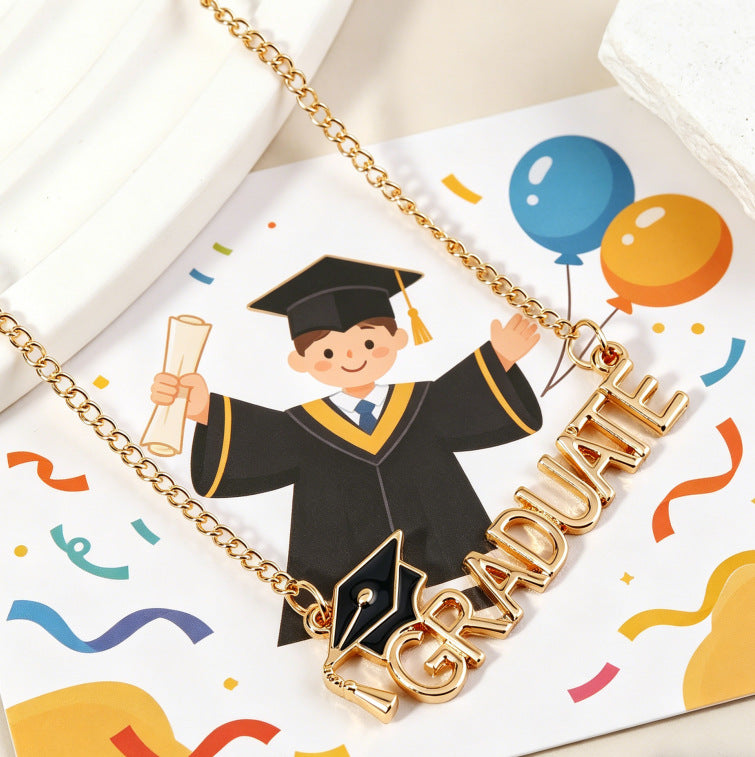 Graduation Season Academic Cap Letter Necklace Womens Fashion Pendant