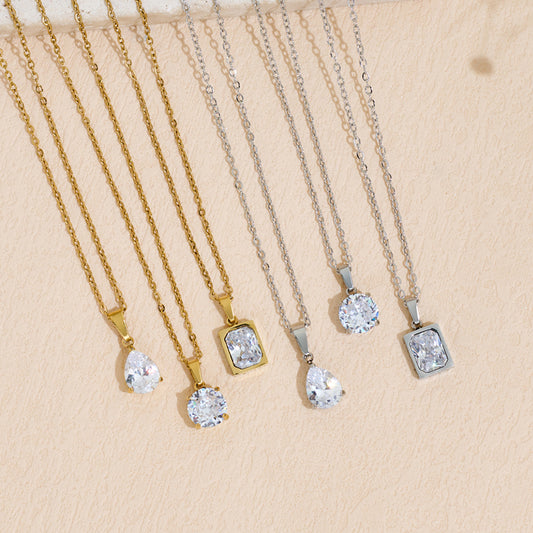 Stainless Steel Pendant Necklace With Zircon Inlay