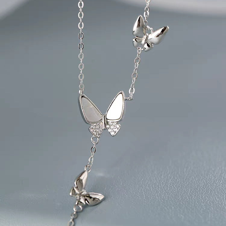 1pc 999 Sterling Silver Mother Of Pearl Butterfly Tassel Pearl Necklace, Luxurious Sweet Style, Perfect For Daily Wear & Valentine's Gifts