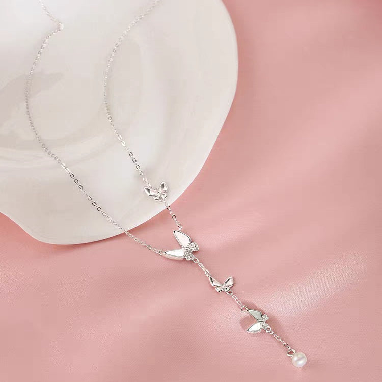 1pc 999 Sterling Silver Mother Of Pearl Butterfly Tassel Pearl Necklace, Luxurious Sweet Style, Perfect For Daily Wear & Valentine's Gifts